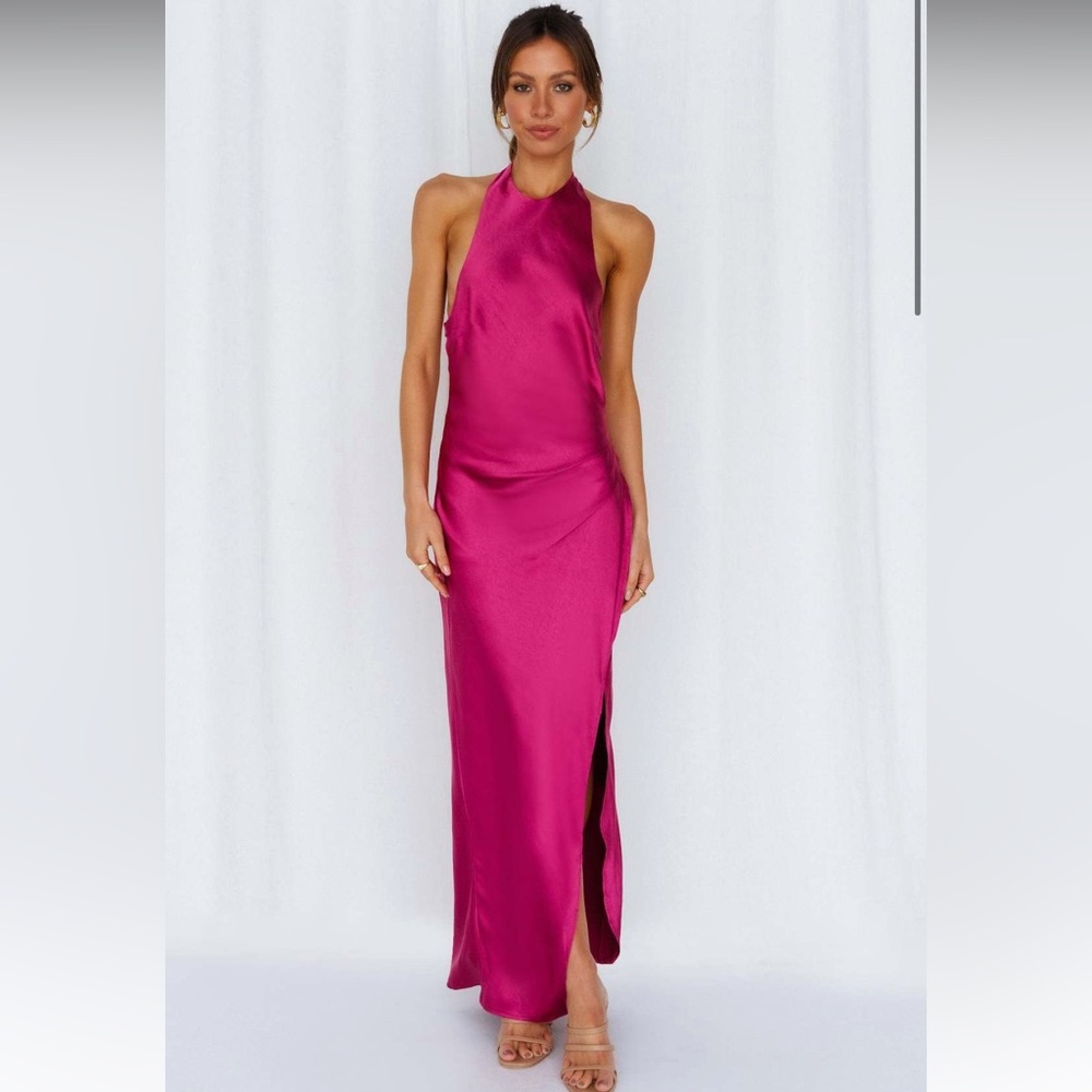 Hello Molly Light Minds Satin MIDI Dress in Fuchsia